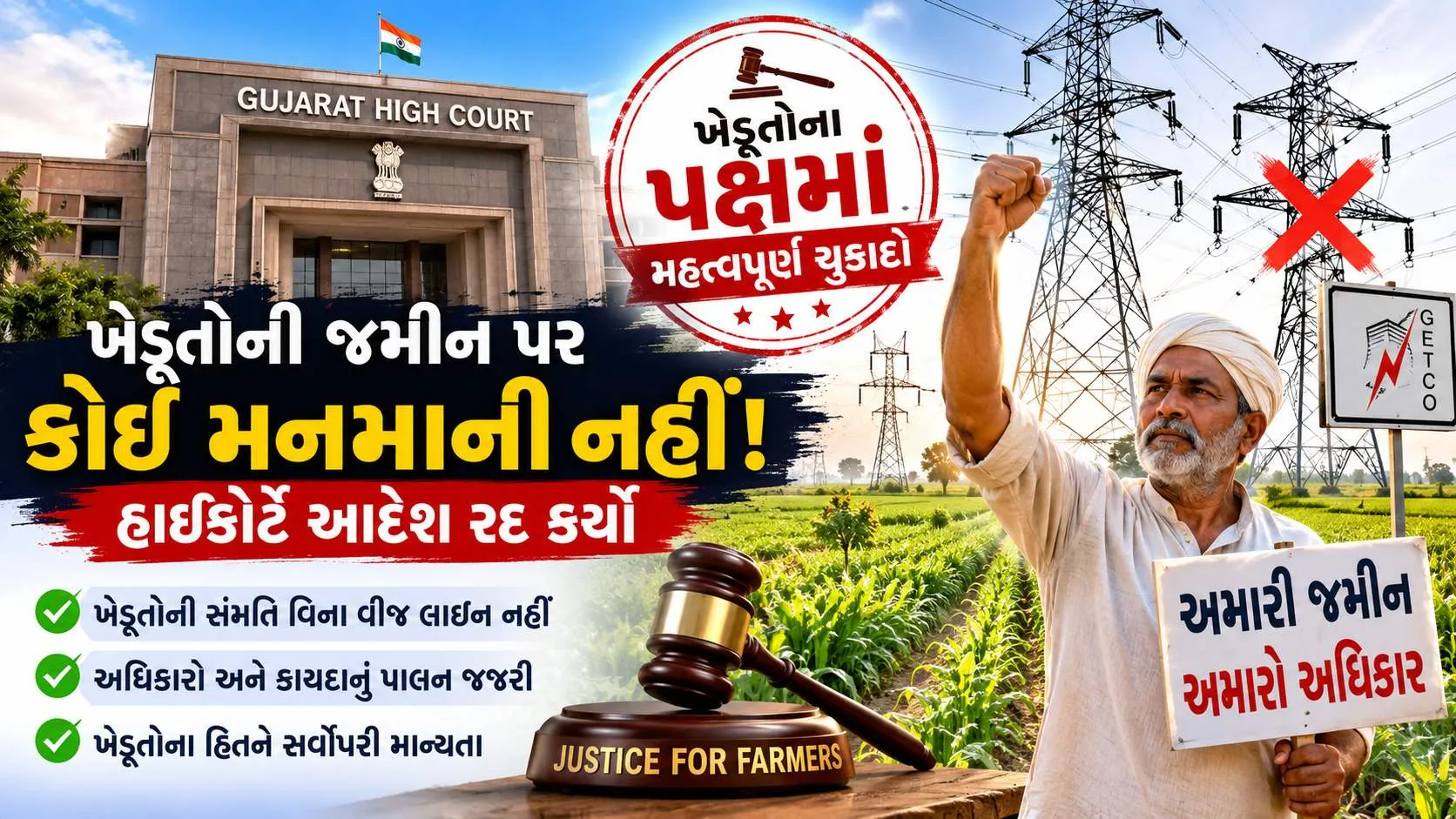Vij line virodh : હાઈકોર્ટમાં ખેડૂતોની મોટી જીત, ખેડૂતની મંજૂરી વિના વીજલાઇન નાંખવાનો આદેશ રદ કર્યો