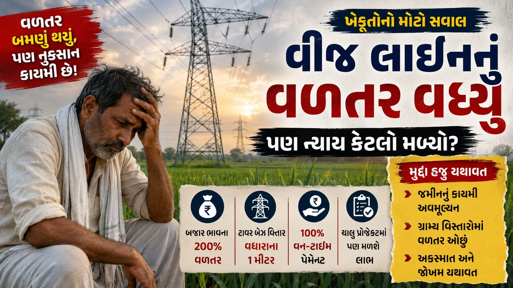 Vij Pole Valtar Gujarat : વીજ પોલ વળતર મુદ્દે સરકારે ખેડૂતોને વધુ એક લોલીપોપ આપ્યો? સળગતા પ્રશ્નોના જવાબ ક્યારે?