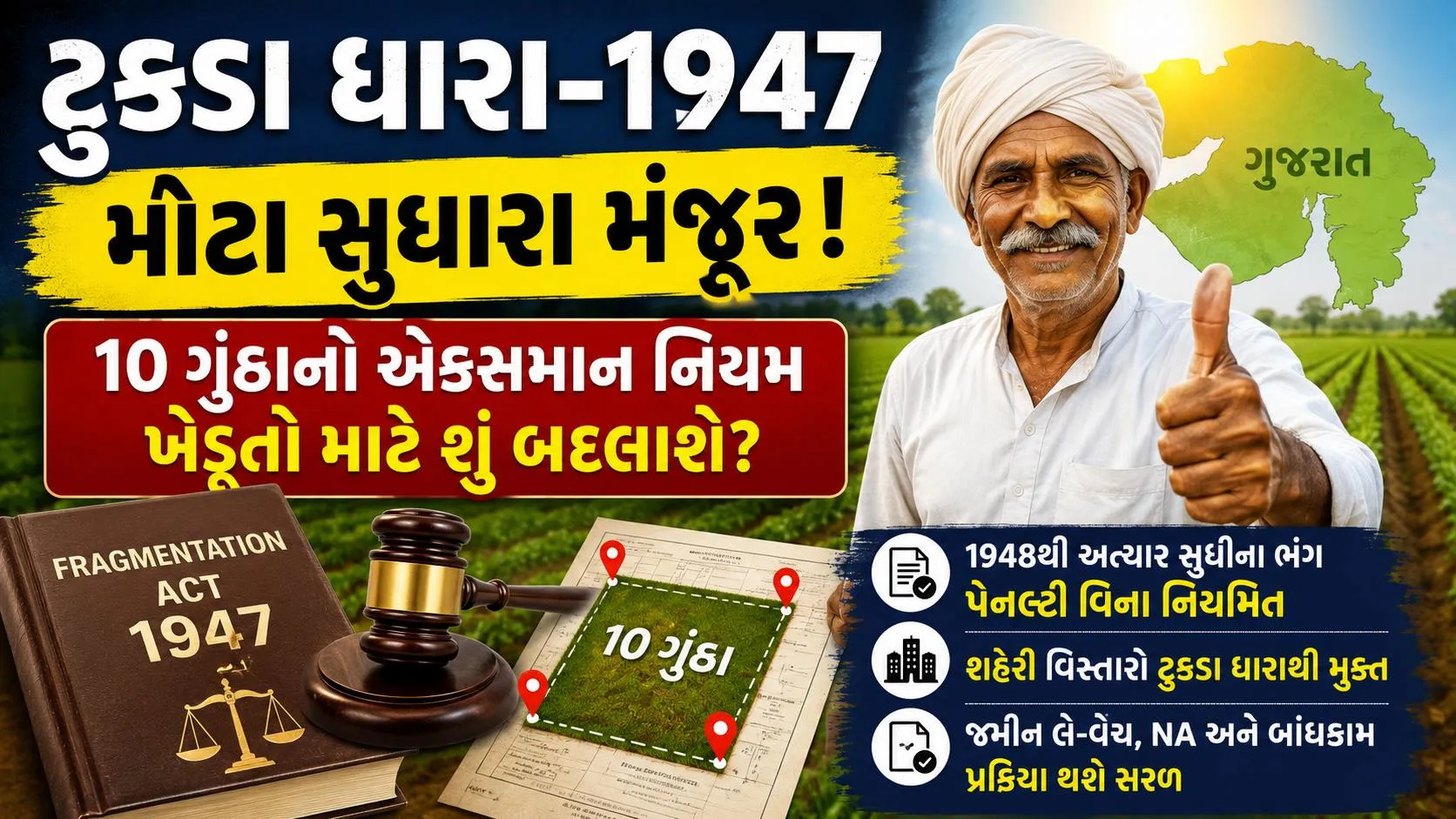 Tukda Dhara Gujarat : હવે 10 ગુંઠા જમીન પણ ખાતે કરી શકાશે. ટુકડા ધારા સુધારાને રાષ્ટ્રપતિની મંજૂરી મળી