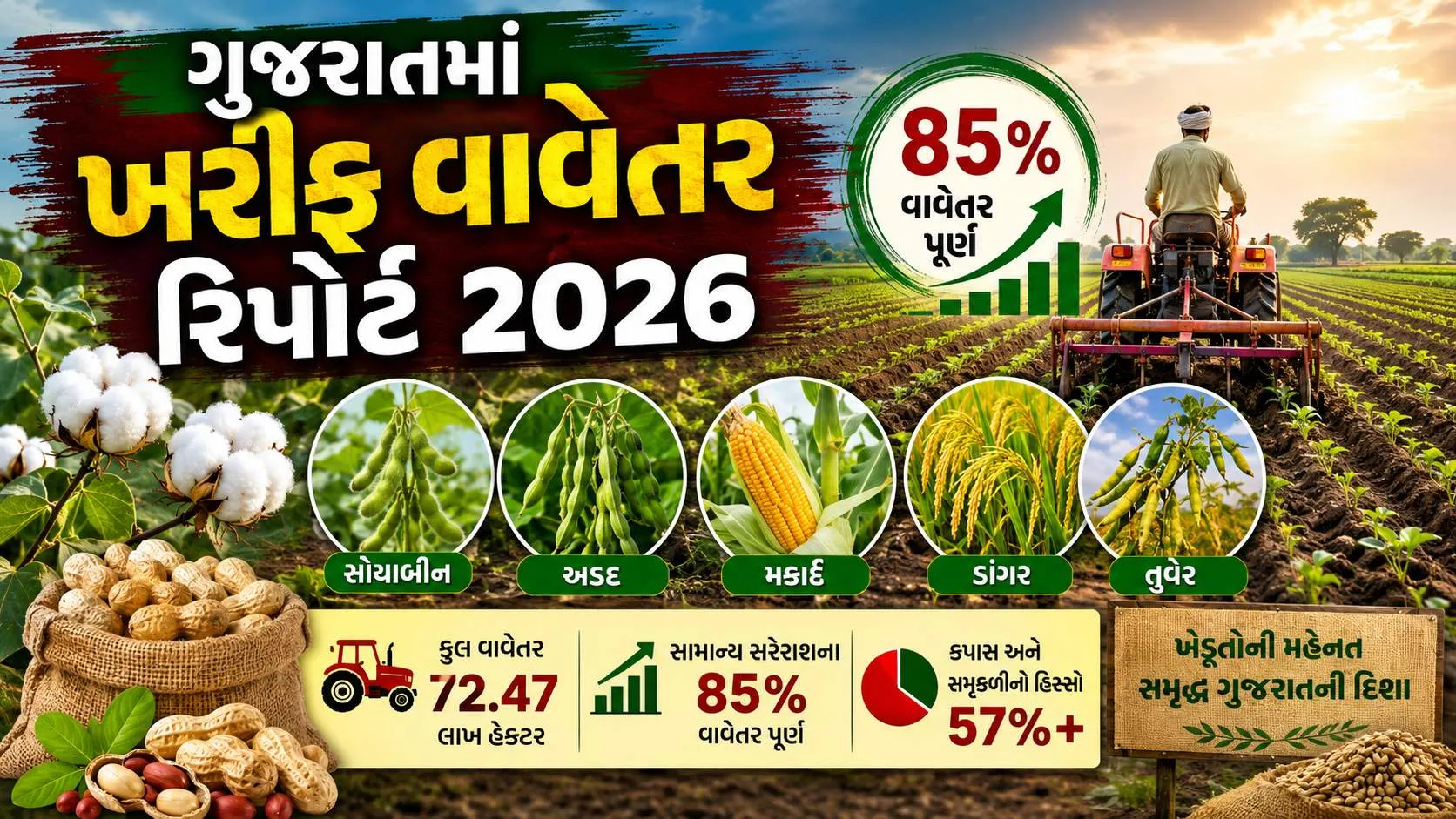 Gujarat Kharif sowing report 2026 : રાજ્યમાં ૮૫ ટકા વાવેતર પૂર્ણ, આ પાક સૌથી વધુ વવાયો