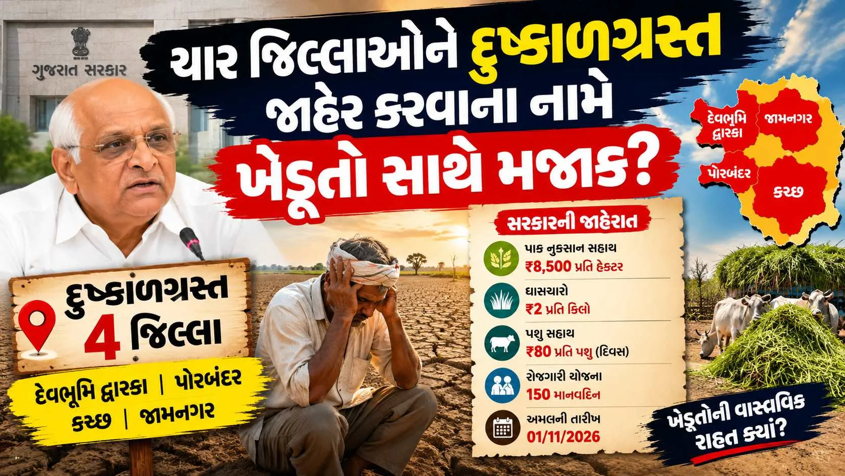 Gujarat Dushkal Sahay Yojana 2026 : ચાર જિલ્લાઓને દુષ્કાળગ્રસ્ત જાહેર કરવાના નામે ખેડૂતો સાથે મજાક? માત્ર ₹8,500ની સહાય?